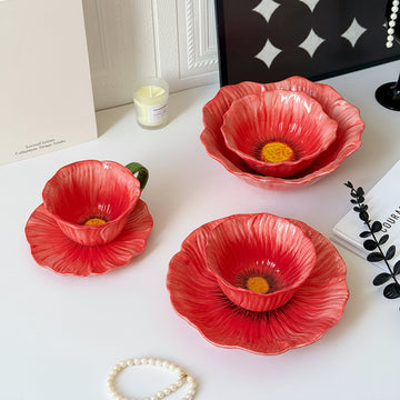 Red Poppy Shaped Ceramic Bowl | Botanical Aesthetic Dessert & Serving Bowl