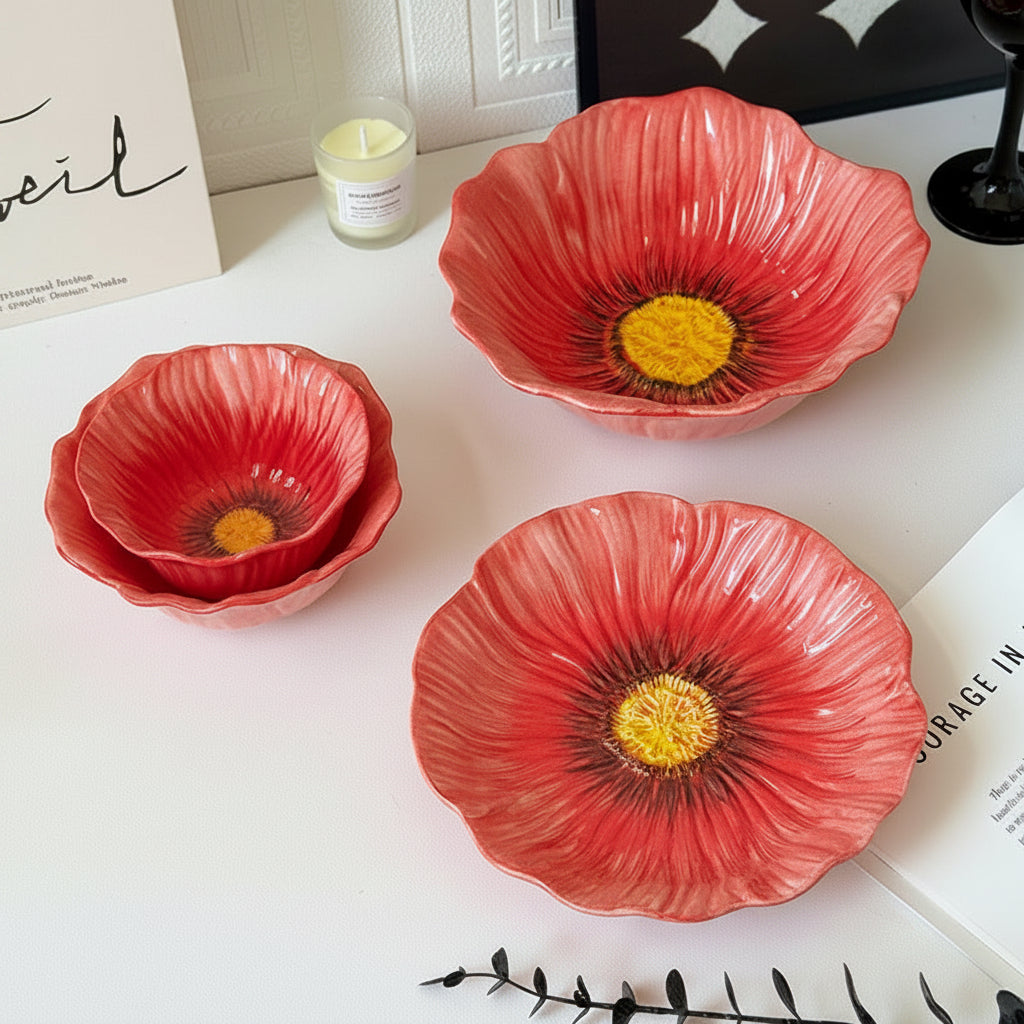 Red Poppy Shaped Ceramic Bowl | Botanical Aesthetic Dessert & Serving Bowl