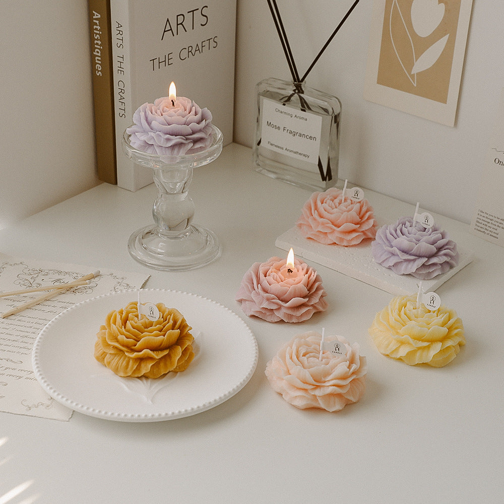 Peony Floral Candle with Vintage Embossed Glass Holder