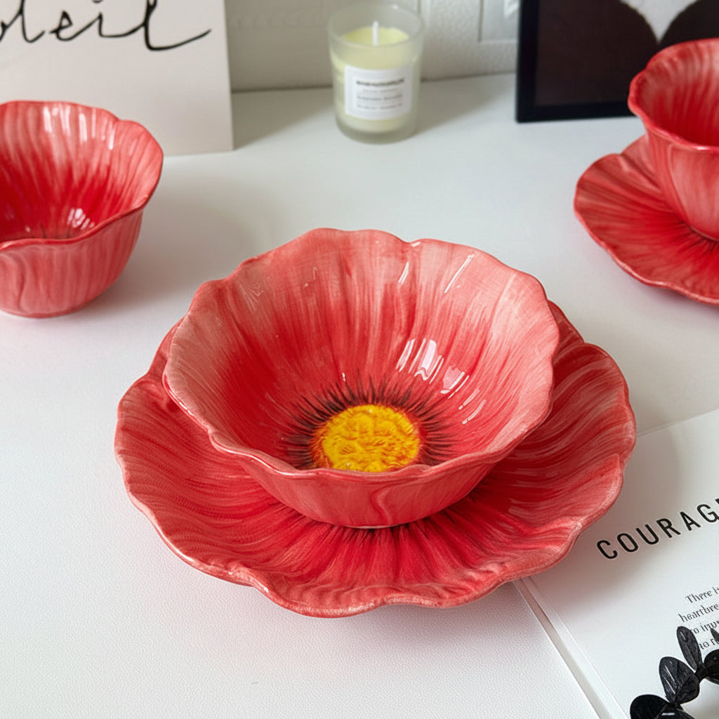 Red Poppy Shaped Ceramic Bowl | Botanical Aesthetic Dessert & Serving Bowl