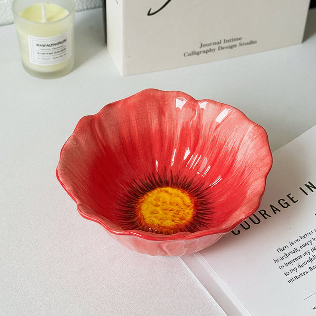 Red Poppy Shaped Ceramic Bowl | Botanical Aesthetic Dessert & Serving Bowl