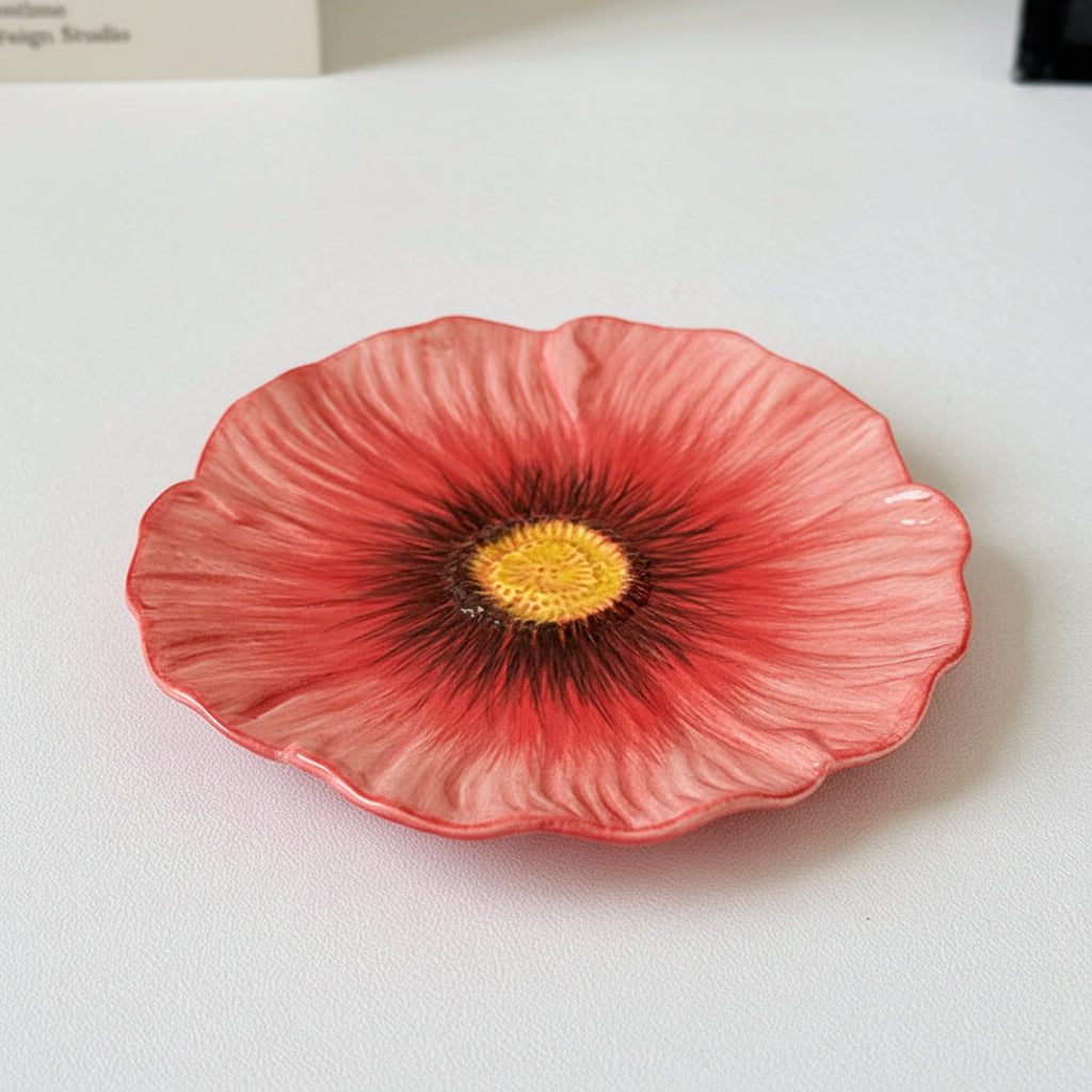 Red Poppy Shaped Ceramic Bowl | Botanical Aesthetic Dessert & Serving Bowl