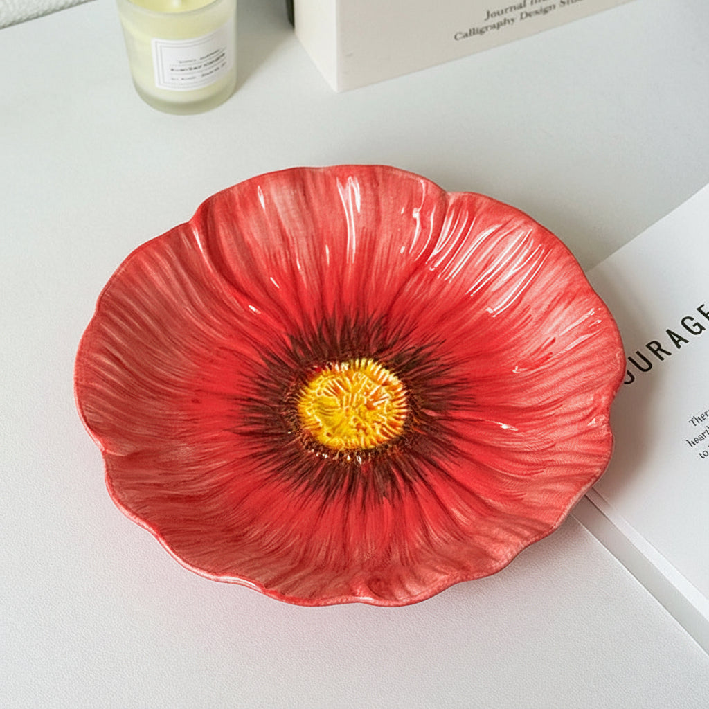 Red Poppy Shaped Ceramic Bowl | Botanical Aesthetic Dessert & Serving Bowl