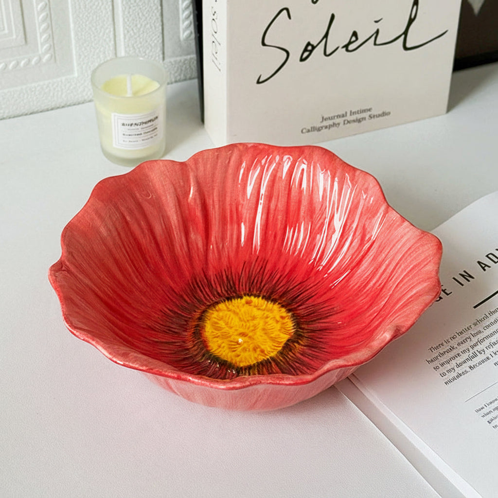 Red Poppy Shaped Ceramic Bowl | Botanical Aesthetic Dessert & Serving Bowl