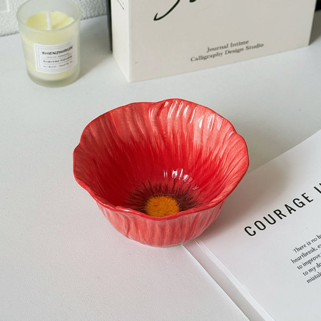 Red Poppy Shaped Ceramic Bowl | Botanical Aesthetic Dessert & Serving Bowl