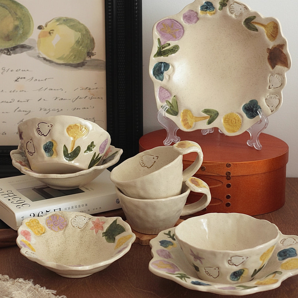 Botanical Ceramic Tableware | Cottagecore Embossed Floral Plates & Bowls