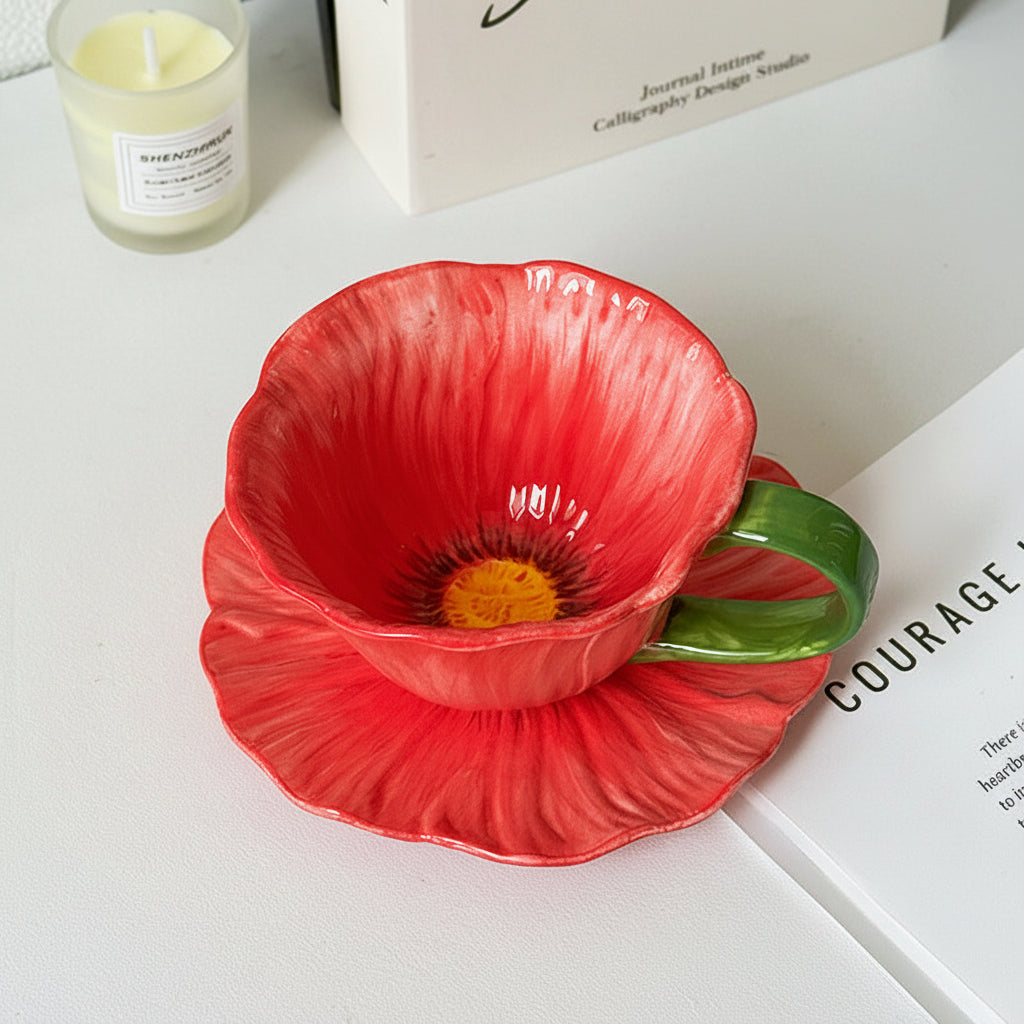 Red Poppy Shaped Ceramic Bowl | Botanical Aesthetic Dessert & Serving Bowl