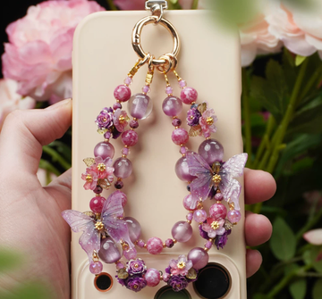 Handmade Purple Butterfly Phone Charm | Fairycore Floral Beaded Strap