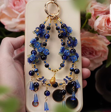 Handmade Sapphire Blue Rose Phone Charm | Vintage Oriental Beaded Strap