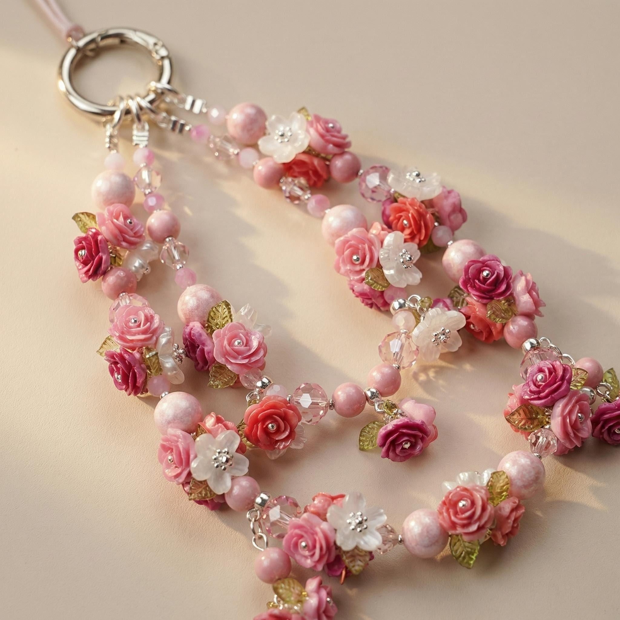 Handmade Pink Rose Phone Charm | Coquette Floral Beaded Strap