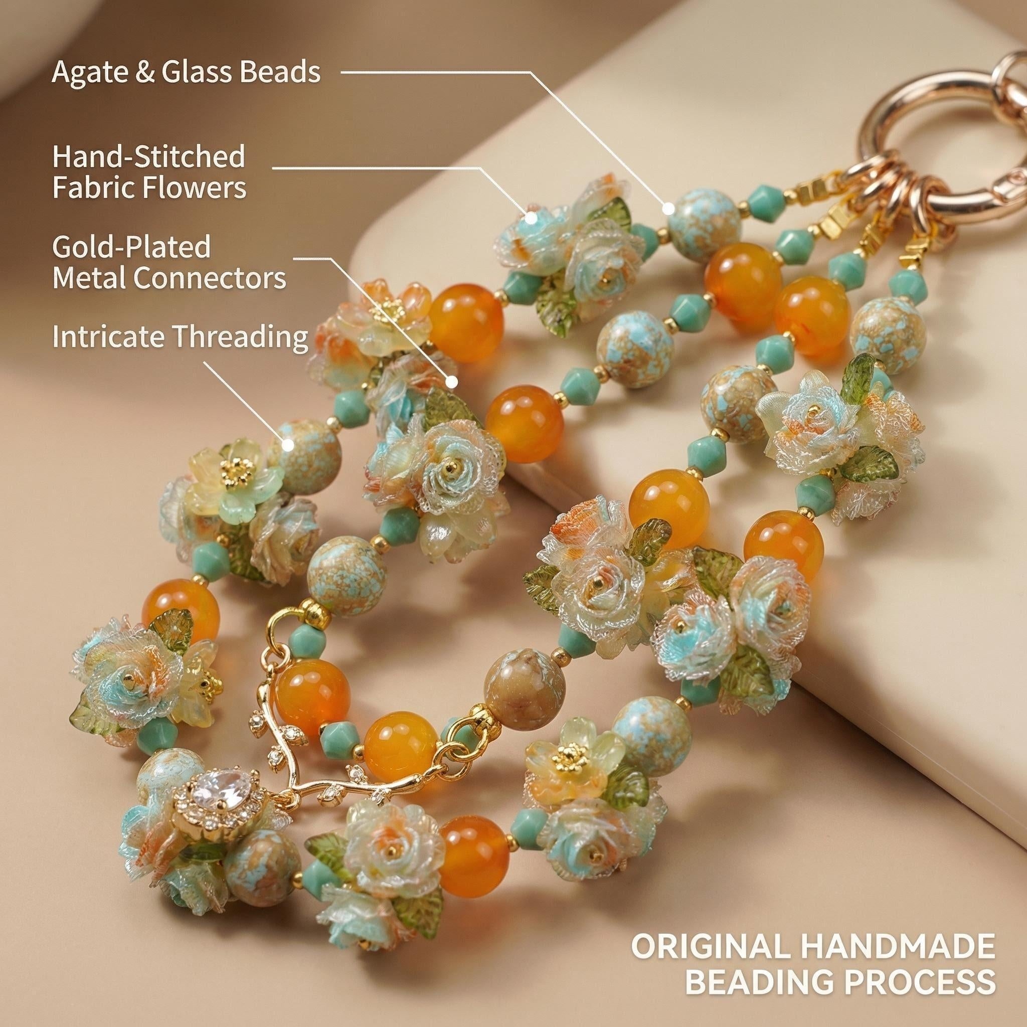 Handmade Floral Beaded Phone Charm | Orange & Turquoise Oriental Strap