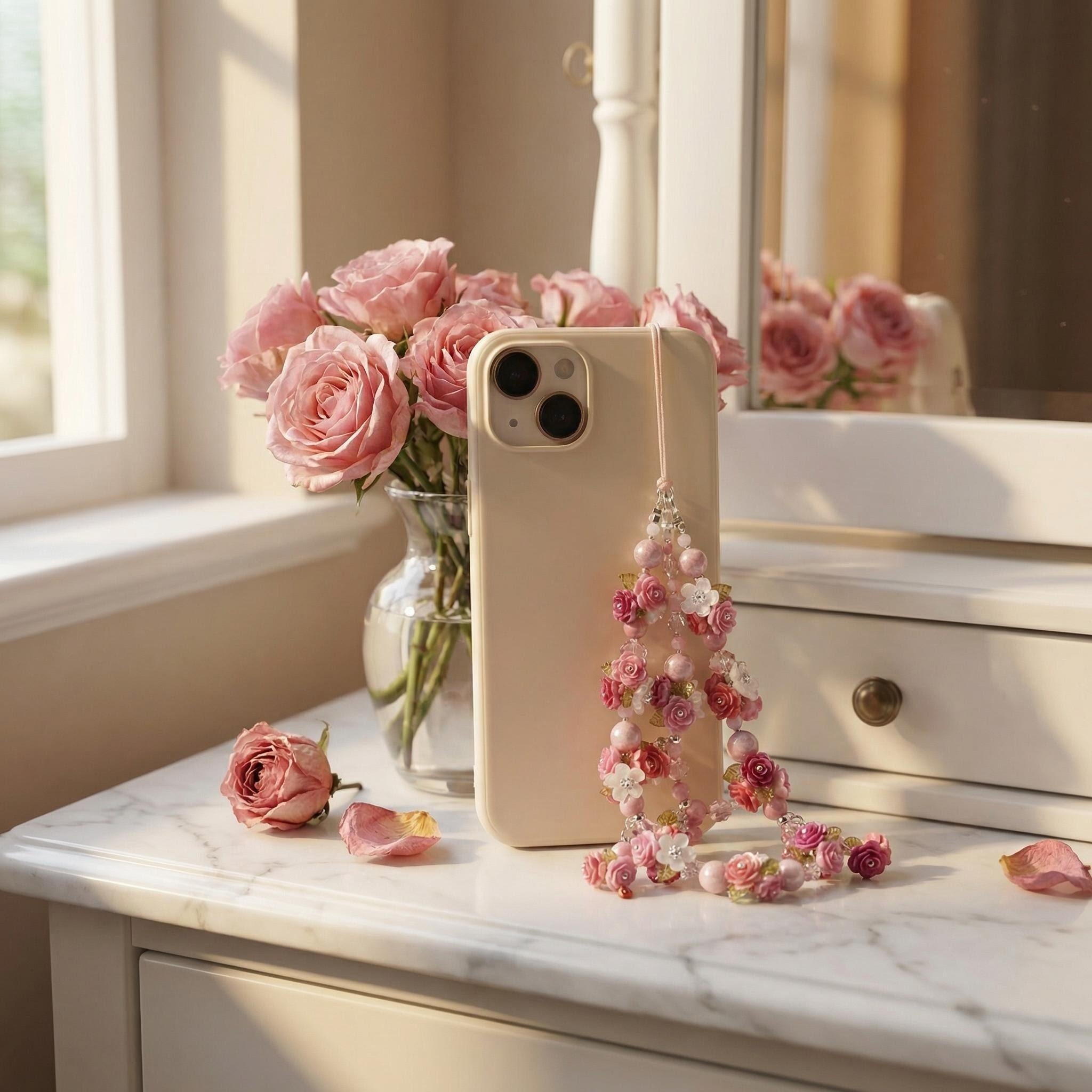 Handmade Pink Rose Phone Charm | Coquette Floral Beaded Strap