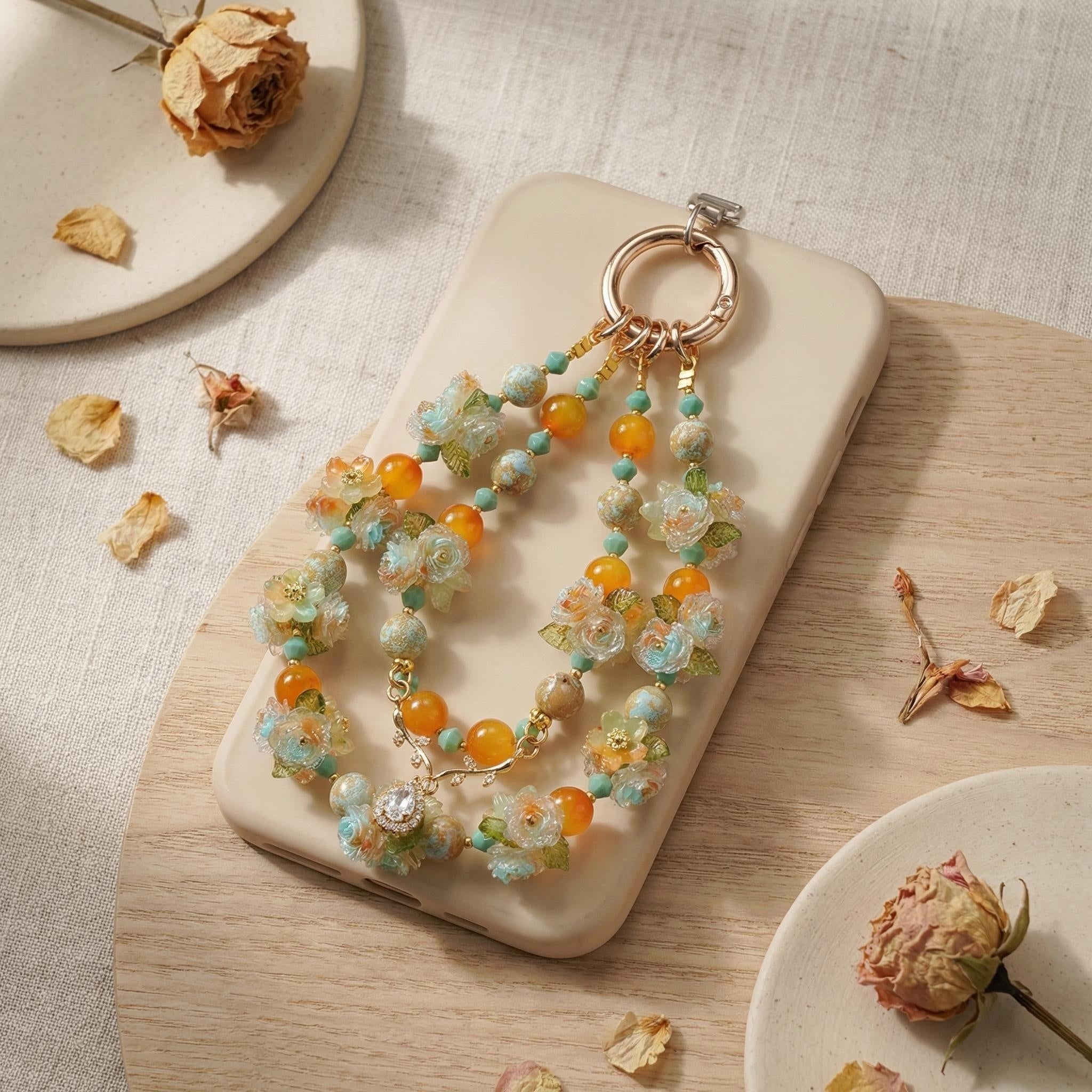 Handmade Floral Beaded Phone Charm | Orange & Turquoise Oriental Strap