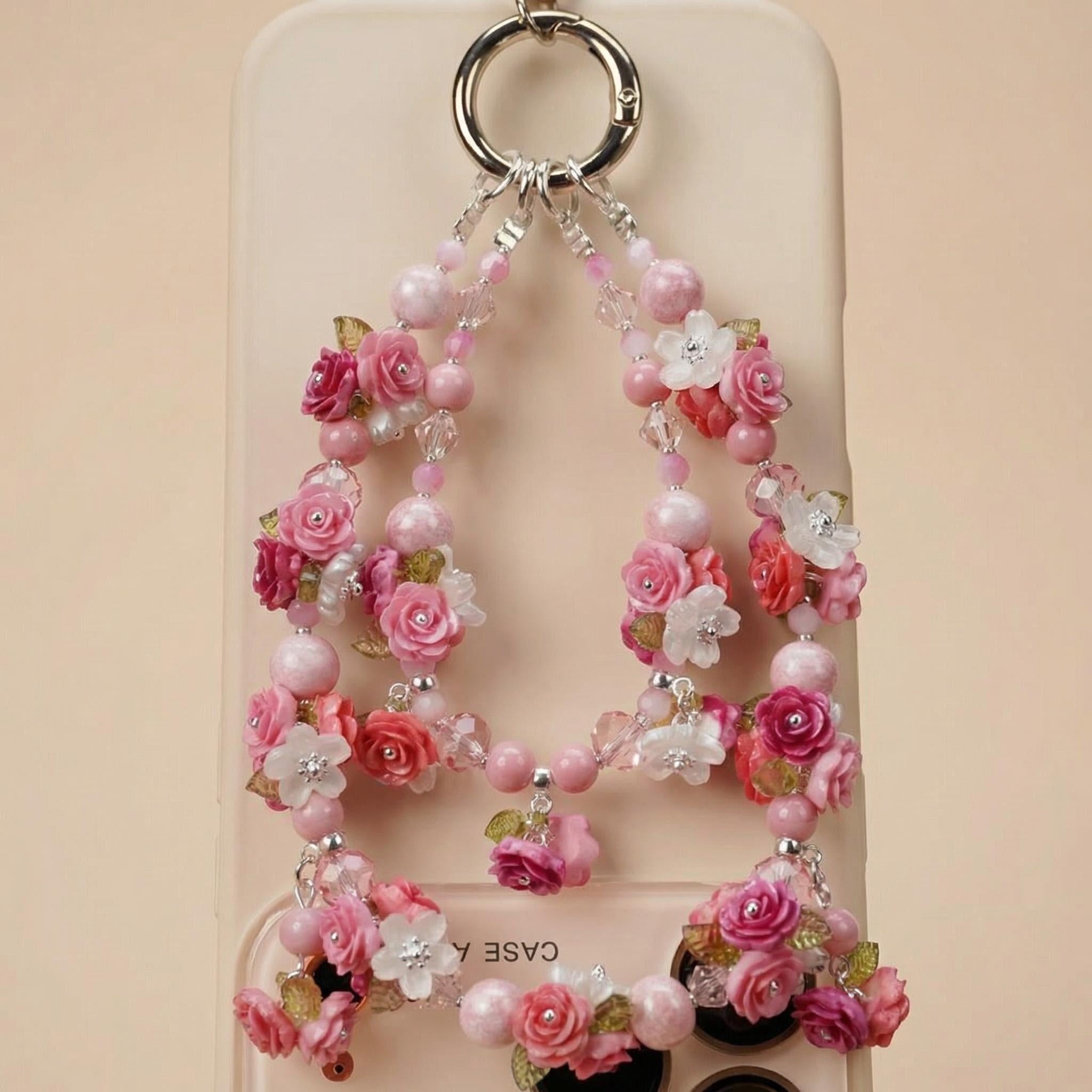Handmade Pink Rose Phone Charm | Coquette Floral Beaded Strap