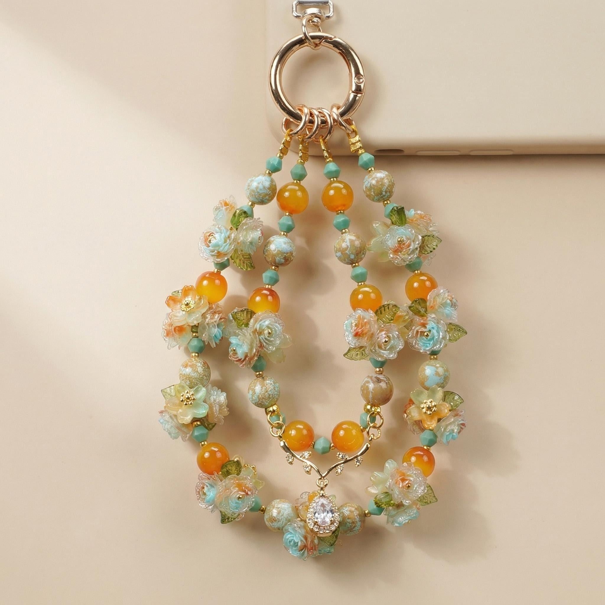 Handmade Floral Beaded Phone Charm | Orange & Turquoise Oriental Strap