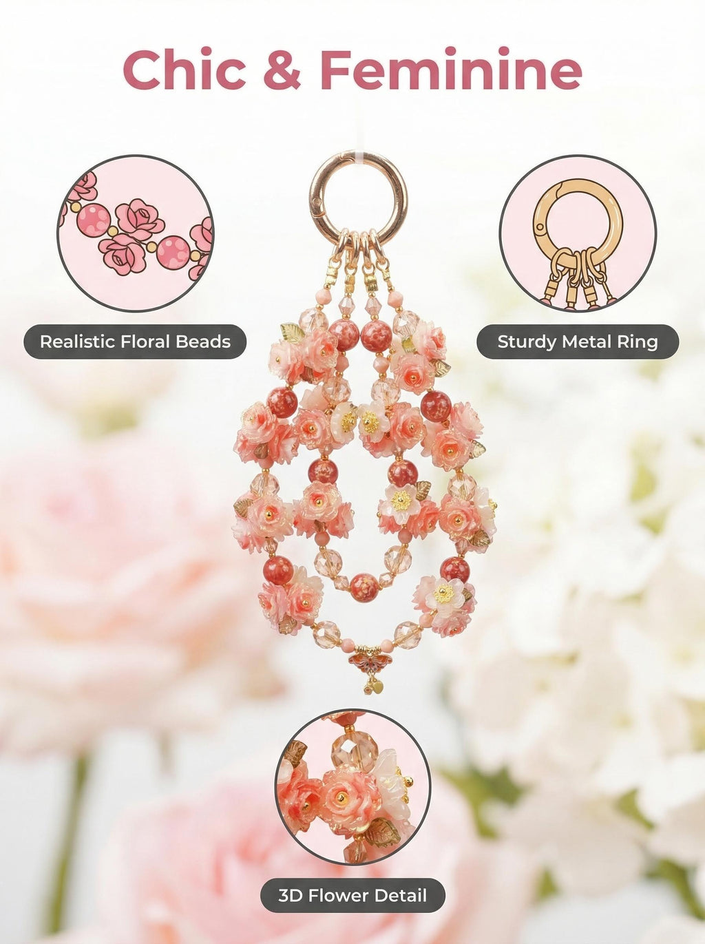 "Sweet Nectar" Floral Phone Strap｜Coral Roses & Butterfly Pendant | Fairycore Aesthetic