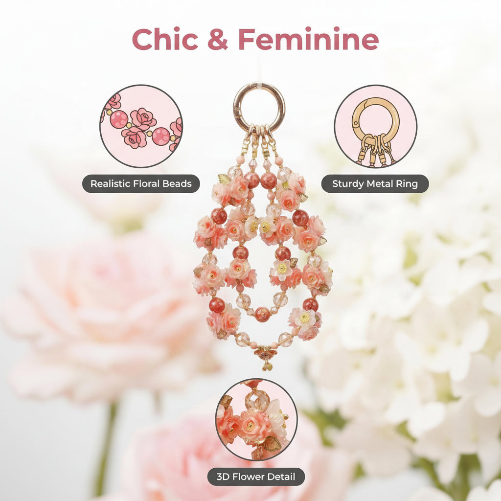"Sweet Nectar" Floral Phone Strap｜Coral Roses & Butterfly Pendant | Fairycore Aesthetic