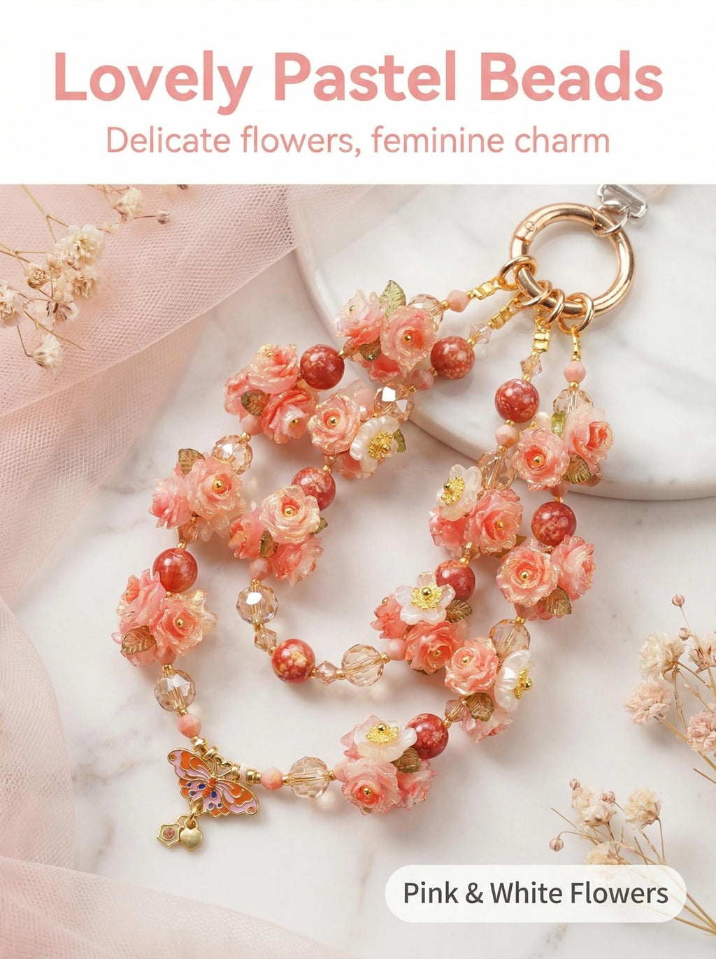 "Sweet Nectar" Floral Phone Strap｜Coral Roses & Butterfly Pendant | Fairycore Aesthetic