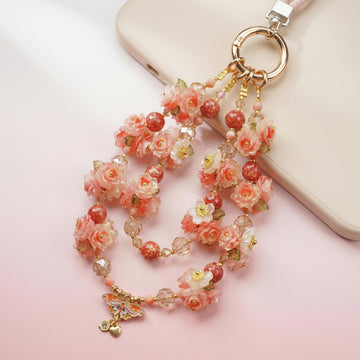 "Sweet Nectar" Floral Phone Strap｜Coral Roses & Butterfly Pendant | Fairycore Aesthetic