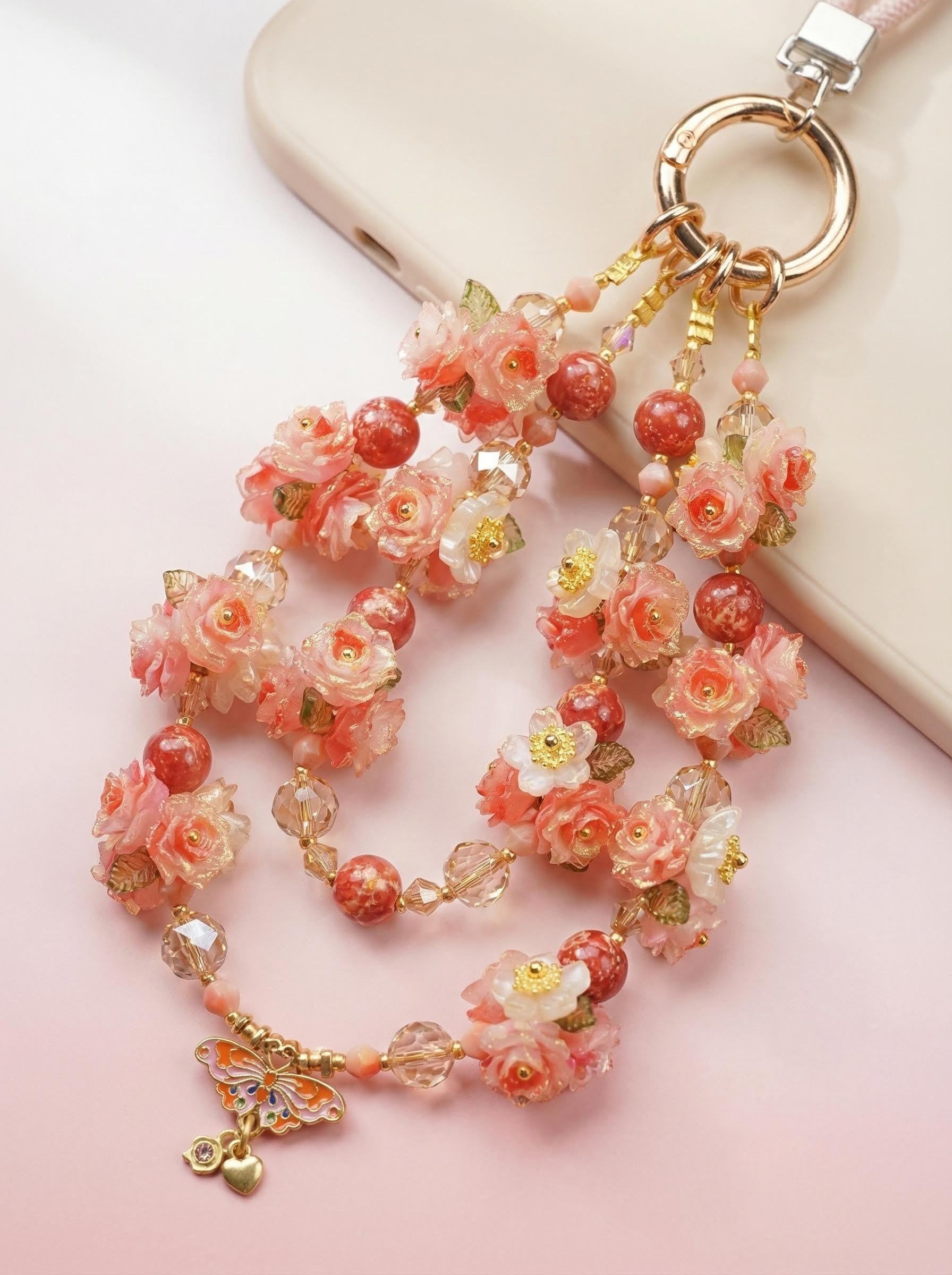 "Sweet Nectar" Floral Phone Strap｜Coral Roses & Butterfly Pendant | Fairycore Aesthetic