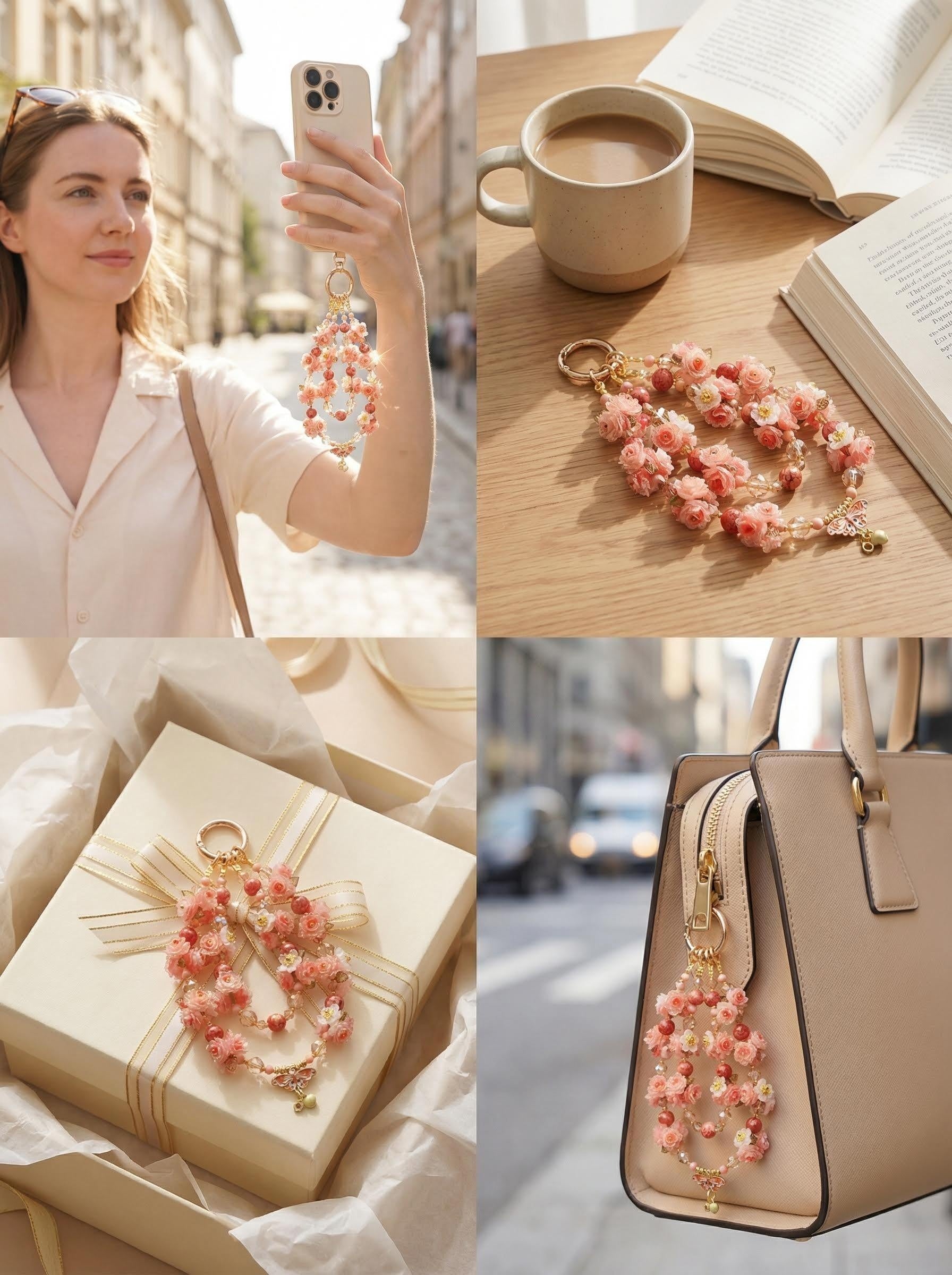 "Sweet Nectar" Floral Phone Strap｜Coral Roses & Butterfly Pendant | Fairycore Aesthetic