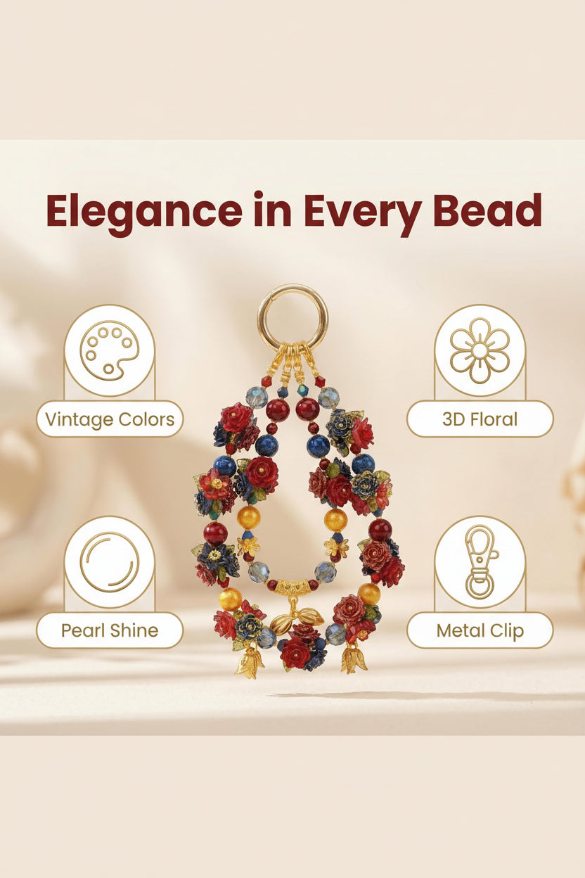 The "Royal Garden" Oriental Phone Charm - Vintage Red & Blue Rose Beads | Chinoiserie Aesthetic