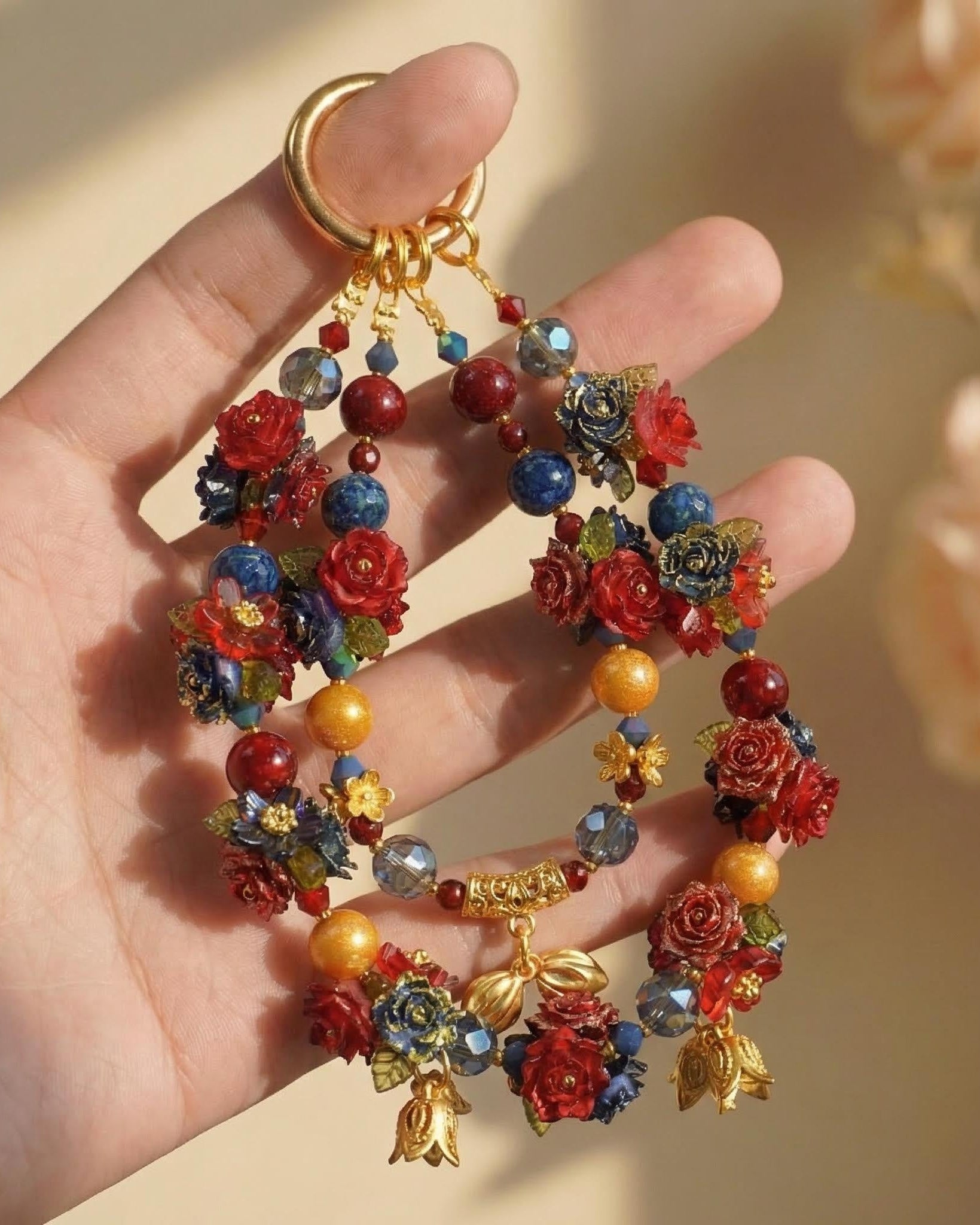 The "Royal Garden" Oriental Phone Charm - Vintage Red & Blue Rose Beads | Chinoiserie Aesthetic