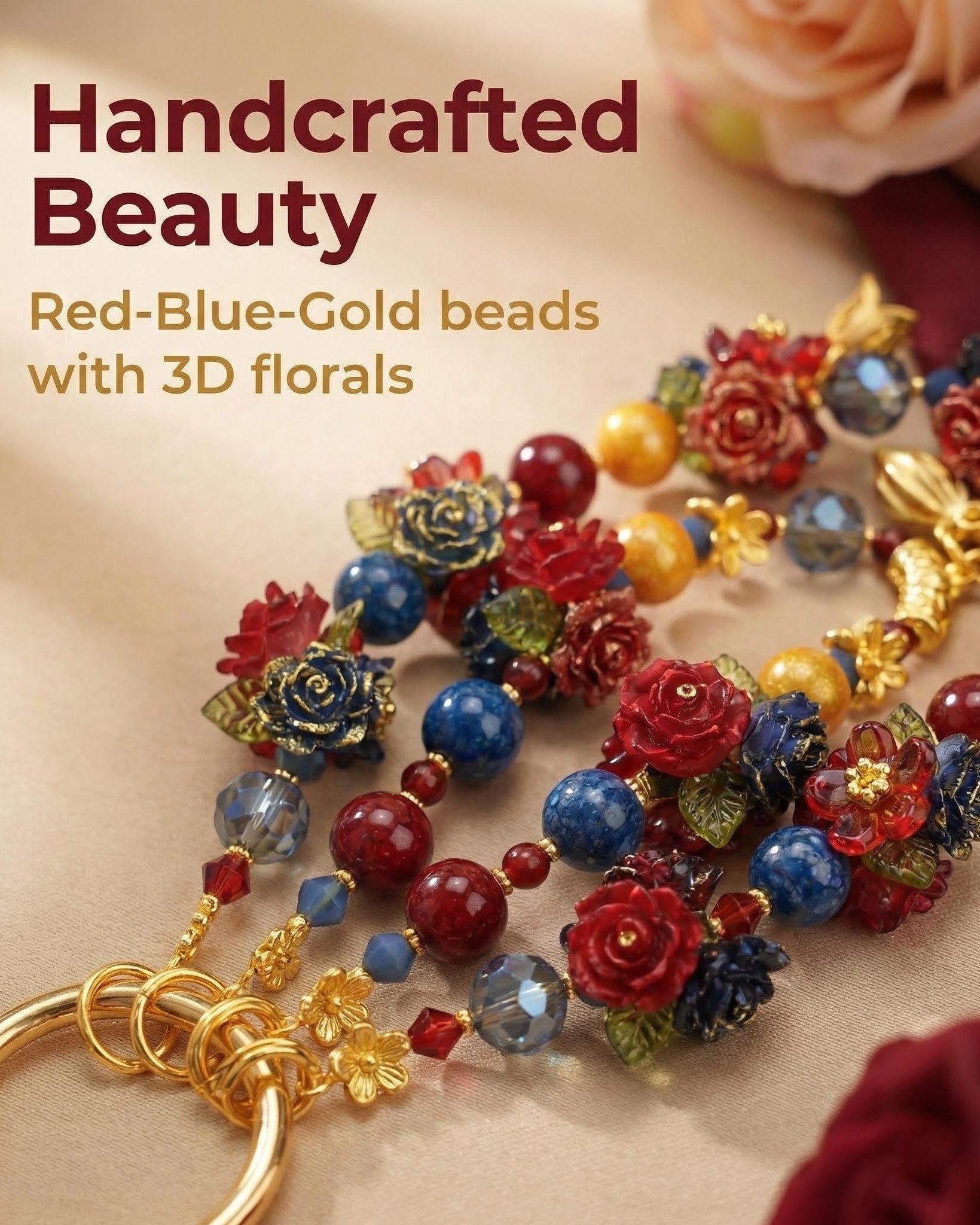 The "Royal Garden" Oriental Phone Charm - Vintage Red & Blue Rose Beads | Chinoiserie Aesthetic