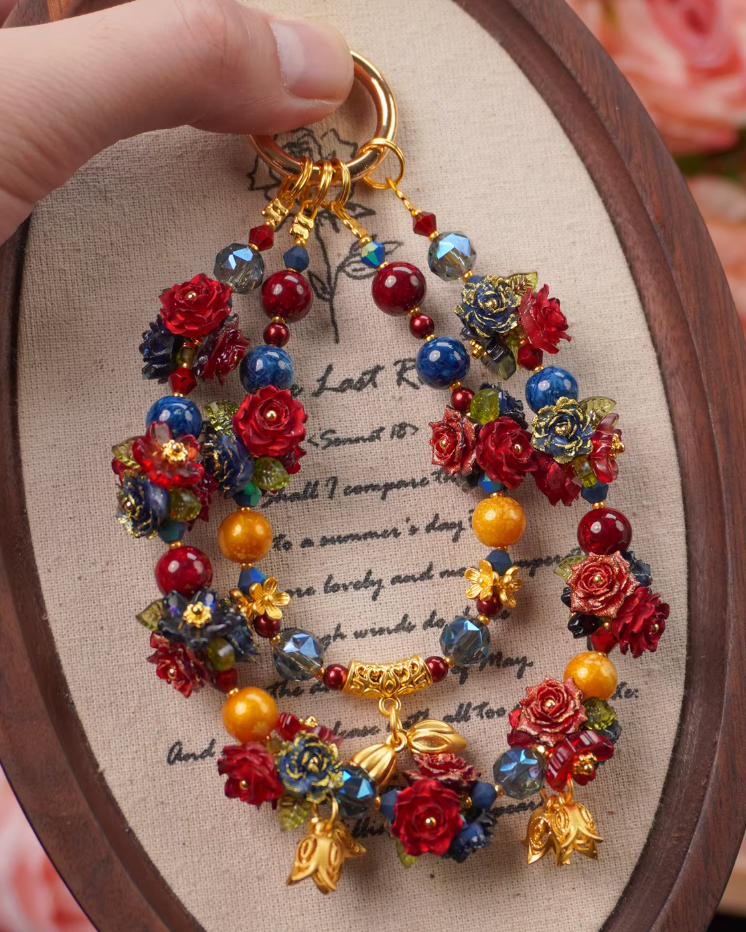 The "Royal Garden" Oriental Phone Charm - Vintage Red & Blue Rose Beads | Chinoiserie Aesthetic