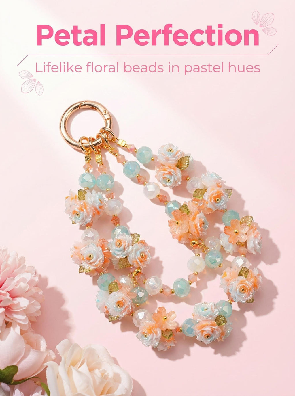 "Mint Sherbet" Floral Phone Chain｜Sweet Sorbet Roses & Clear Crystals | Summer Accessory