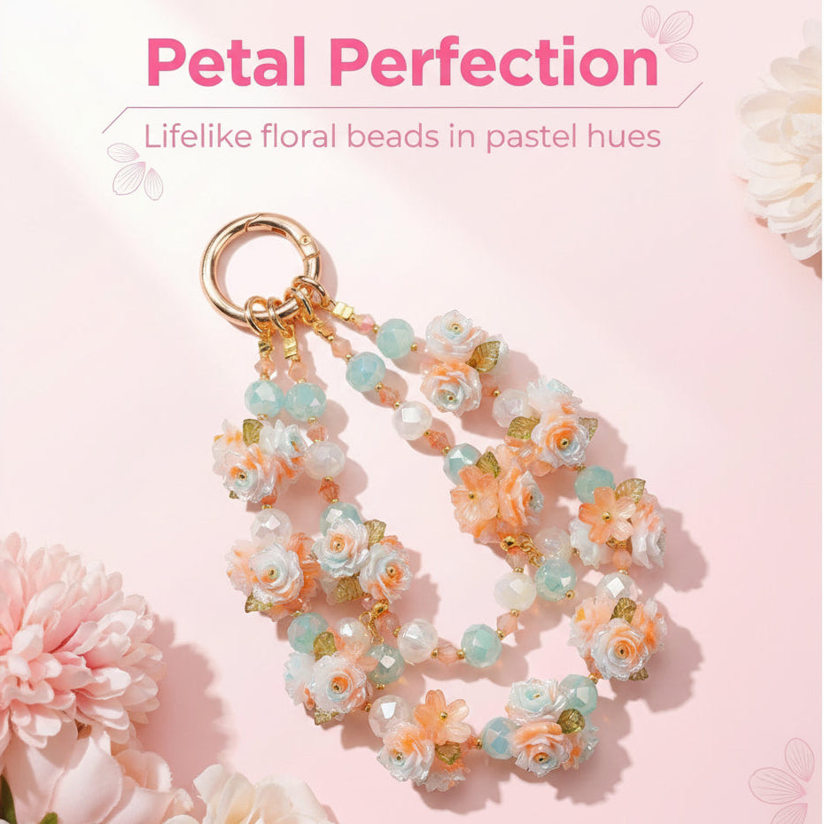 "Mint Sherbet" Floral Phone Chain｜Sweet Sorbet Roses & Clear Crystals | Summer Accessory