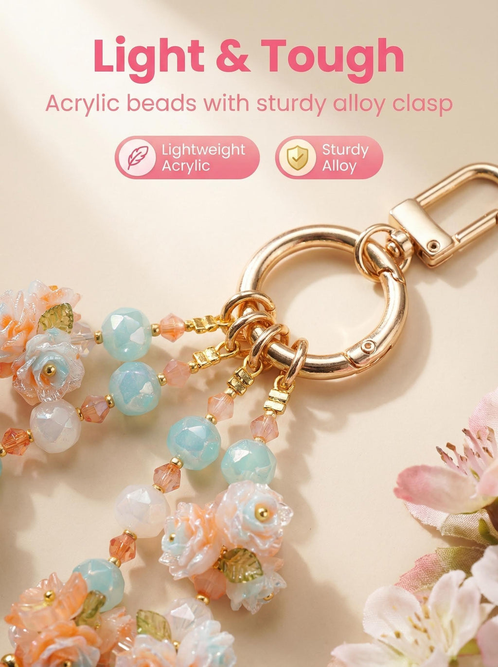 "Mint Sherbet" Floral Phone Chain｜Sweet Sorbet Roses & Clear Crystals | Summer Accessory