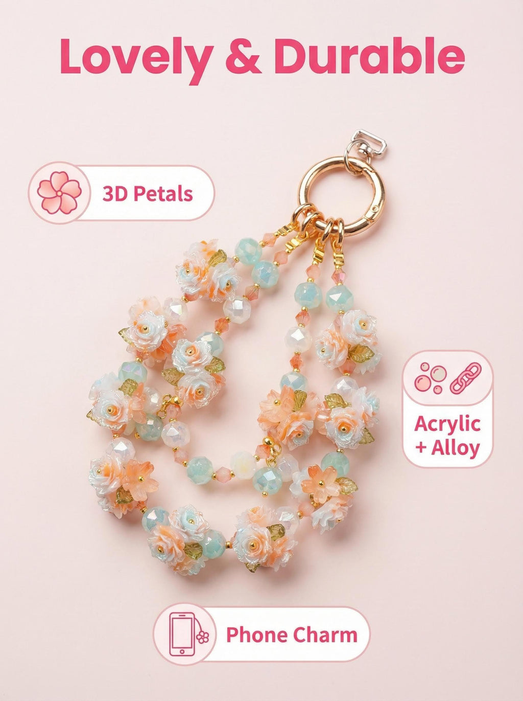 "Mint Sherbet" Floral Phone Chain｜Sweet Sorbet Roses & Clear Crystals | Summer Accessory