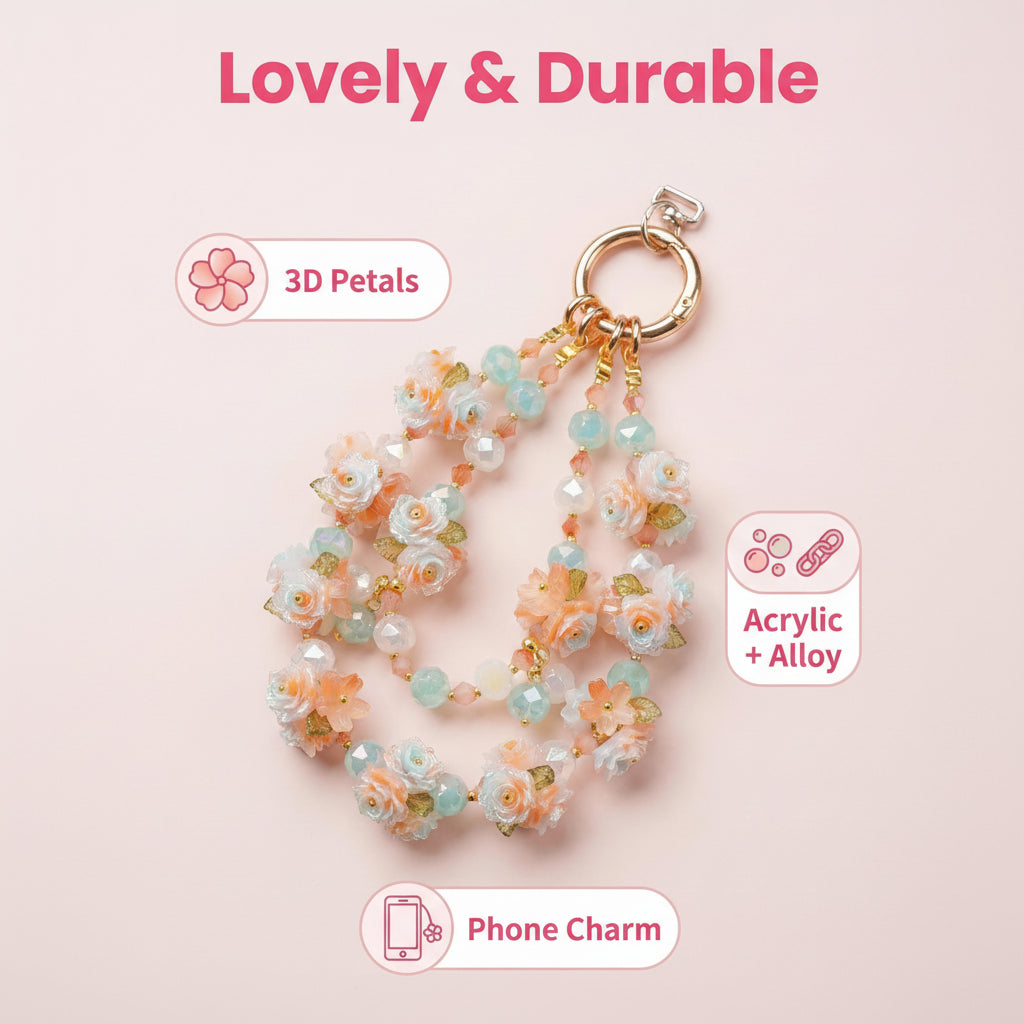 "Mint Sherbet" Floral Phone Chain｜Sweet Sorbet Roses & Clear Crystals | Summer Accessory