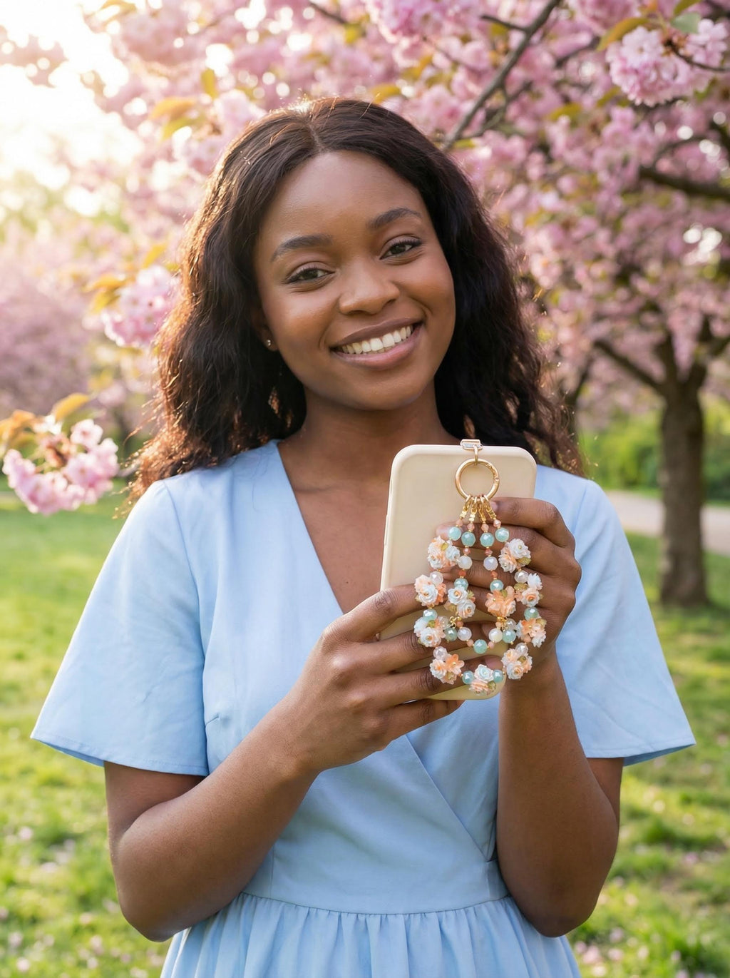 "Mint Sherbet" Floral Phone Chain｜Sweet Sorbet Roses & Clear Crystals | Summer Accessory