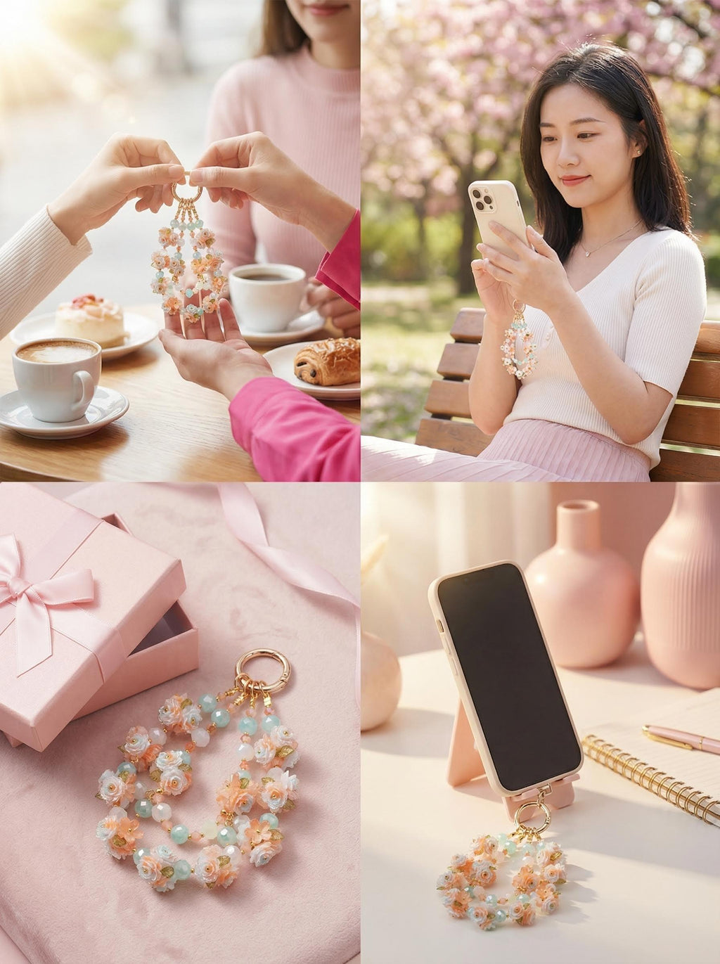 "Mint Sherbet" Floral Phone Chain｜Sweet Sorbet Roses & Clear Crystals | Summer Accessory