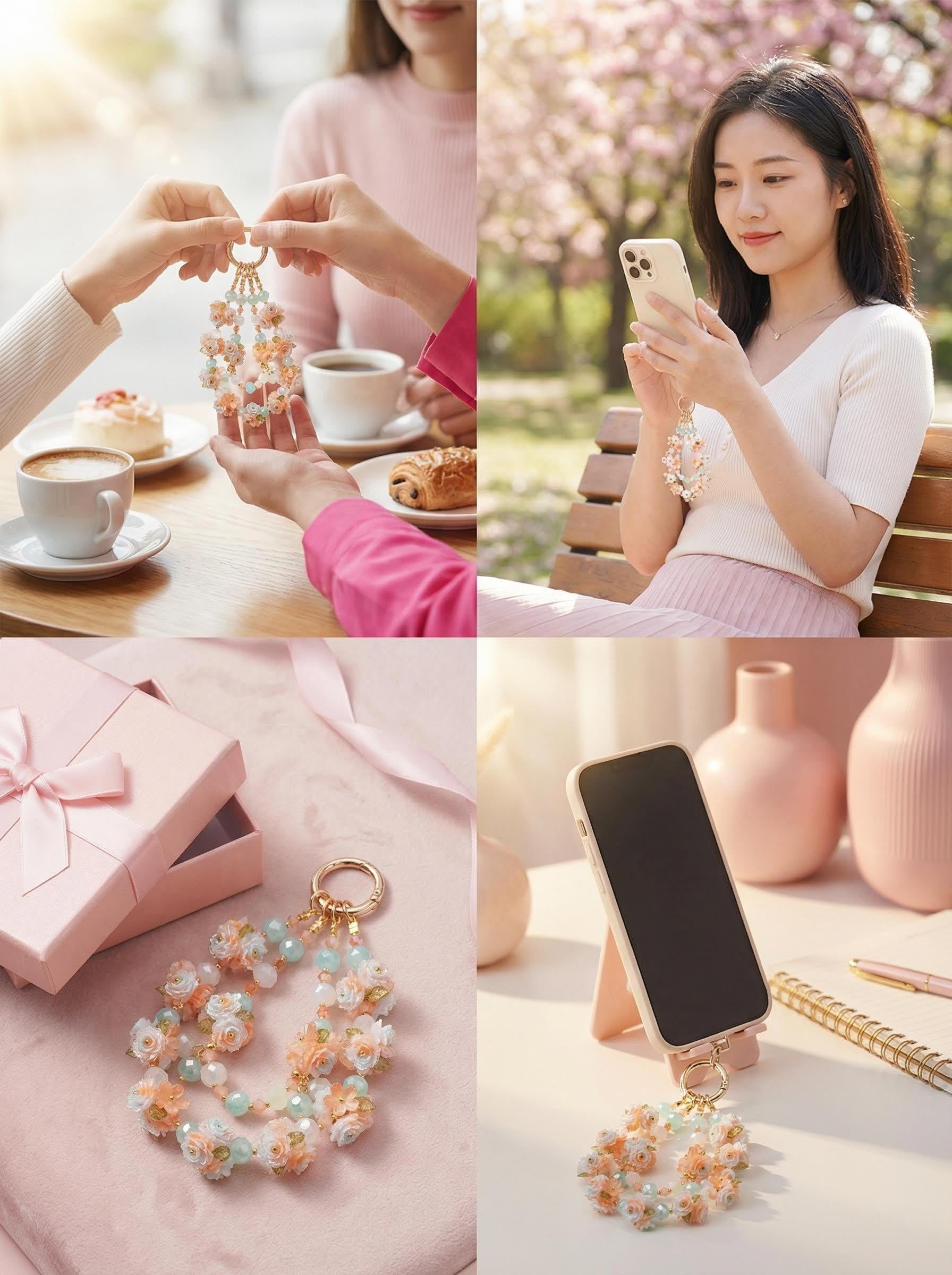 "Mint Sherbet" Floral Phone Chain｜Sweet Sorbet Roses & Clear Crystals | Summer Accessory