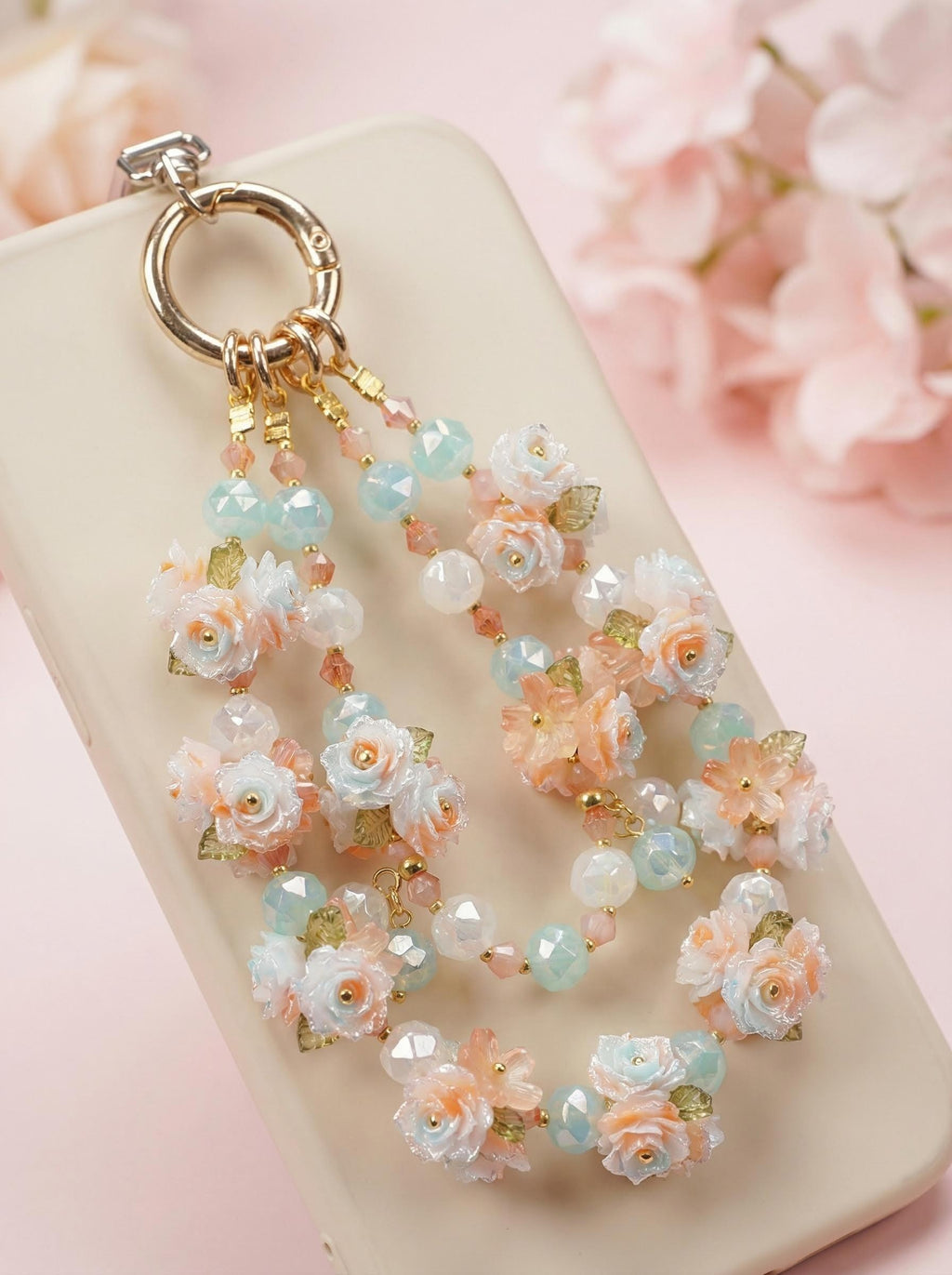 "Mint Sherbet" Floral Phone Chain｜Sweet Sorbet Roses & Clear Crystals | Summer Accessory