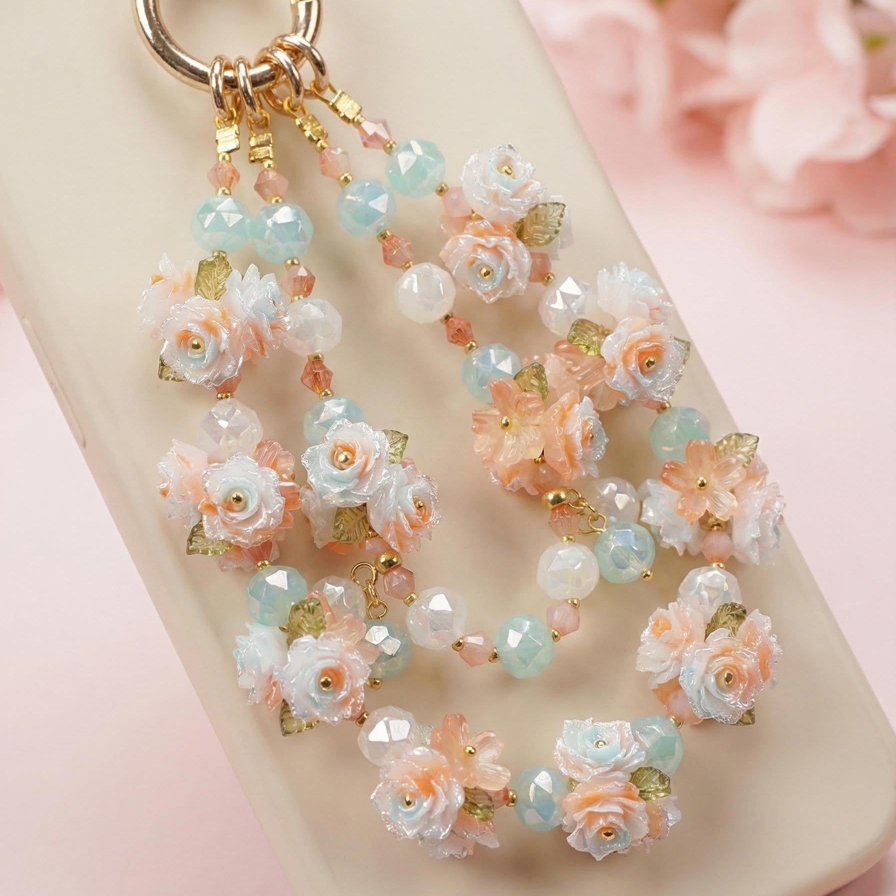 "Mint Sherbet" Floral Phone Chain｜Sweet Sorbet Roses & Clear Crystals | Summer Accessory
