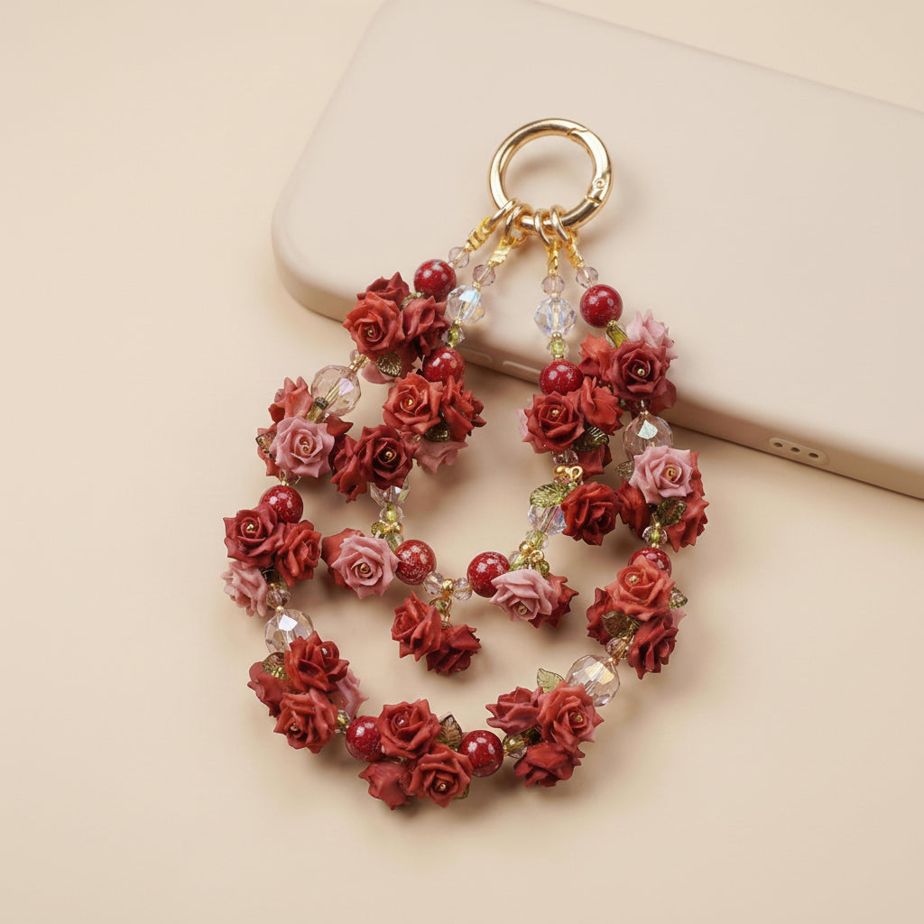 Handmade layered phone charm featuring a bouquet of 3D sculpted burgundy red and dusty pink vintage roses with gold hardware, perfect for romantic coquette aesthetic.