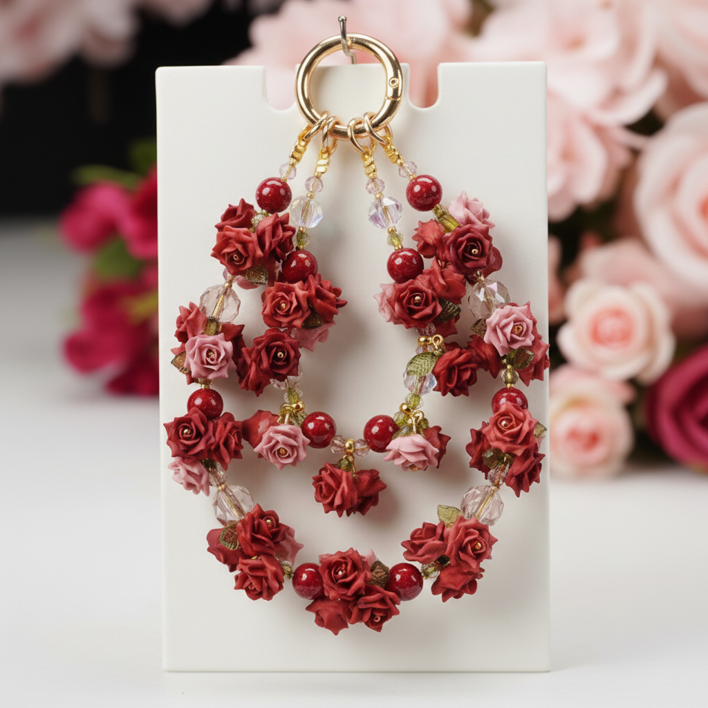 Handmade layered phone charm featuring a bouquet of 3D sculpted burgundy red and dusty pink vintage roses with gold hardware, perfect for romantic coquette aesthetic.