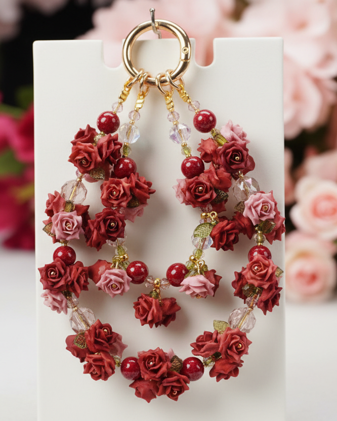 Handmade layered phone charm featuring a bouquet of 3D sculpted burgundy red and dusty pink vintage roses with gold hardware, perfect for romantic coquette aesthetic.